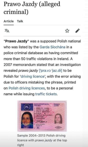 Screenshot from the wikipedia
Prawo Jazdy (alleged criminal) 

"Prawo Jazdy" was a supposed Polish national who was listed by the Garda Siochana in a police criminal database as having committed more than 50 traffic violations in Ireland. A 2007 memorandum stated that an investigation revealed prawo jazdy ['pra.vo 'jaz.di] to be Polish for 'driving licence', with the error arising due to officers mistaking the phrase, printed on Polish driving licences, to be a personal name while issuing traffic tickets.

Image of a sample 2004-2013 Polish driving licence with prawo jazdy at the top right 