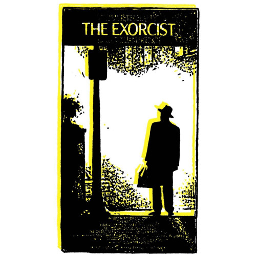 Pop art brightly colored color-changing GIF of the VHS box for The Exorcist on a white background.
