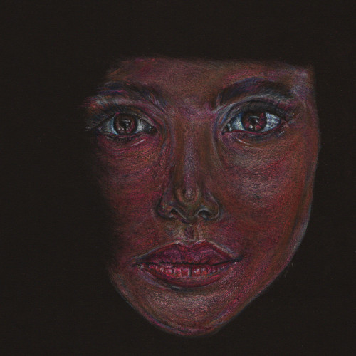 A watercolour pencil illustration of a human face, set against a dark background
