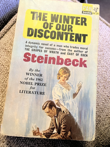 Front of PAN books edition of The Winter of Our Discontent with a lady placing her hand on the shoulder of a man in a suit staring at an empty glass.