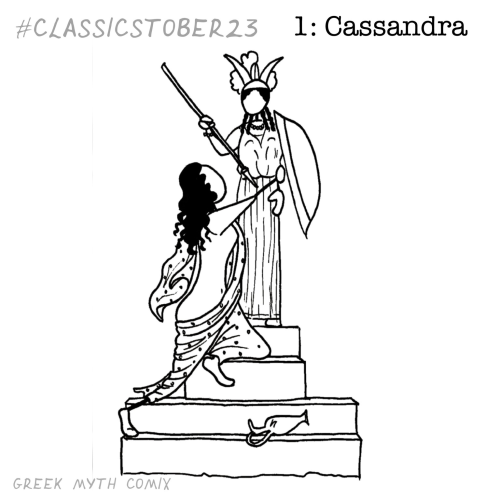 A black and white lineart image from Greek Myth Comix of stickfigure Cassandra grabbing the statue of Athene. Her robes are in a state of undress and a Lekythos has fallen onto the statue step.
