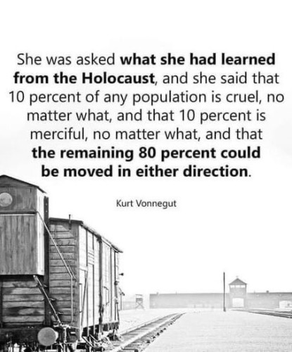 Picture of boxcars at the station.
Quote:

“She was asked what she had learned from the Holocaust, and she said that 10 percent of any population is cruel, no matter what, and that 10 percent is merciful, no matter what, and that the remaining 80 percent could be moved in either direction.” – Kurt Vonnegut
