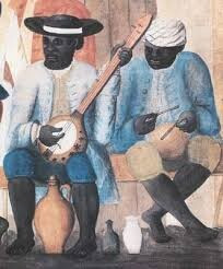 Color painting of Black American enslaved men singing with instruments.
