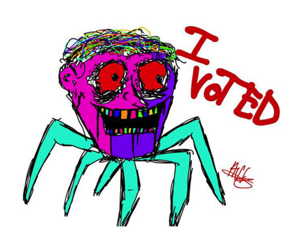A child’s drawing of a head with blood shot eyes on blue green spider legs (a head spider) he has multicolored gnashing teeth. In red it says “I voted”