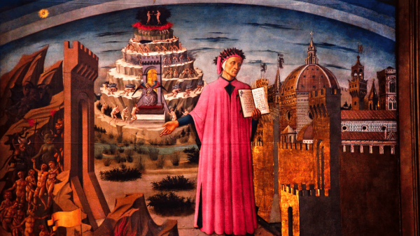 A fresco showing Dante gesturing at Hell and Purgatory