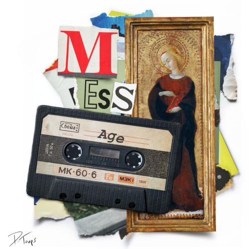 Torn magazine pages, a cut out of a religious icon, a black cassette tape, text that reads "message"