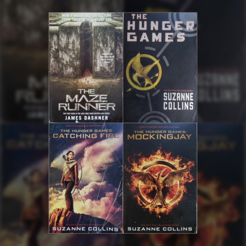 A composite photo of four used trade paperback books arranged in a two by two grid, overlayed on a centered, square-cropped, darkened, and blurred copy of itself, featuring movie tie-in editions of THE MAZE RUNNER by JAMES DASHNER with THE HUNGER GAMES, CATCHING FIRE, and MOCKINGJAY by SUZANNE COLLINS.