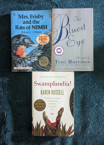Three used books from the thrift store: MS. FRISBY & THE RATS OF NIMH, THE BLUEST EYE, and SWAMPLANDIA