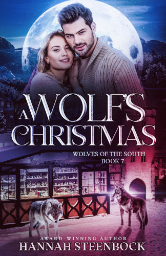 Cover for "A Wolf's Christmas" by Hannah Steenbock, Wolves of the South Book 7. 

The image shows a happy couple in the upper third, in front of a huge full moon, with mountains in the background.

She is leading against his shoulder, dressed in a cream-colored woolen sweater, with dark blonde hair and a sweet smile on her face.

He is wearing a knitted cream-colored sweater, a guy with dark hair brushed back fashionably, a tight beard covering his chin.

The bottom half shows a snow-covered booth in a Christmas market, with two wolves standing before it. An old city gate tower dominates the background.