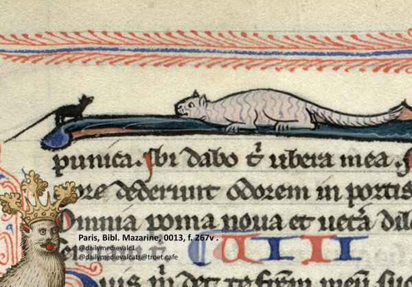 Picture from a medieval manuscript: A cat sneaking up to a mouse