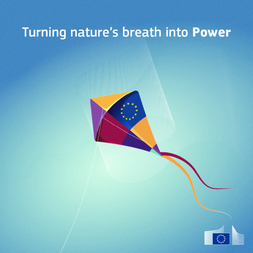 A visual of a colourful kite with an EU flag on it. It flies in the wind to represent the new proposal on wind power. A text reads above “Turning nature’s breath into Power”.  