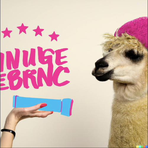 Dall-E prompt: jerry the influencer lama becomes beauty influencer and gives tips on youtube. Picture of a lama with a pink hat. Beside that there's hand out with some non descript beauty product. With gibbrish text above it.