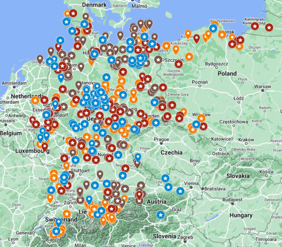 A screenshot of the German Folklore Map, showcasing the locations of hundreds of folk tales in Germany and surrounding lands by differently-colored icons.