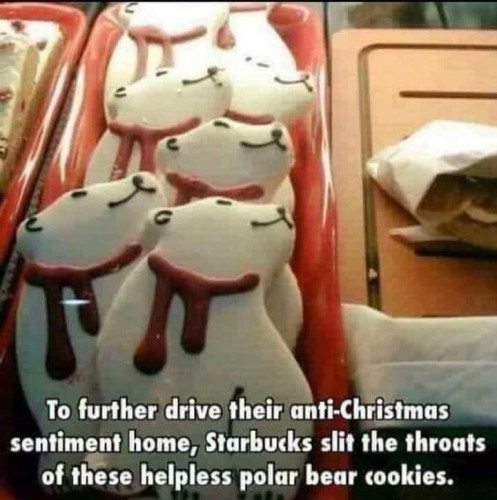 Text: To further drive their anti-Christmas sentiment home, Starbucks slot the throats of these helpless polar bear cookies.
Picture of a bunch of white frosted cookies that look like polar bears wearing red scarves, which can also look like their throats were slit
