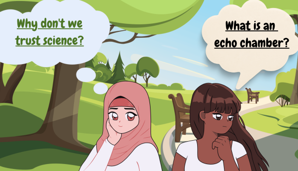 Two girls in a park asking questions about trust in science and echo chambers