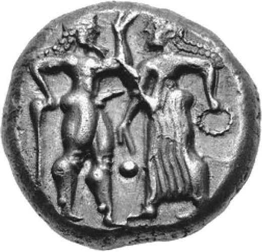 Silver coind depicting a nude satyr with a horse tail, braided long hair, thicc thighs and an erection dancing with a maenad who is fully dressed and carries a tambourine in her left hand.