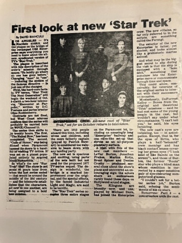Newspaper article titled "First Look at New Star Trek" about the debut of "Star Trek: The Next Generation"