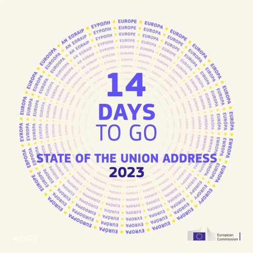 Concentric circles each made of the word Europe in the 24 official languages of the EU.

At the centre, the text: "14 days to go" - "State of the Union address" - "2023"