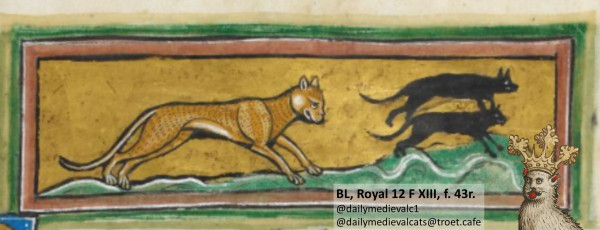 Picture from a medieval manuscript: A cat hunting two mice