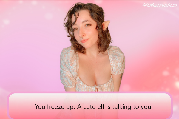 Online dating sim, Brunette elf girl wearing a pink floral dress watermark @thelusciouslibra 