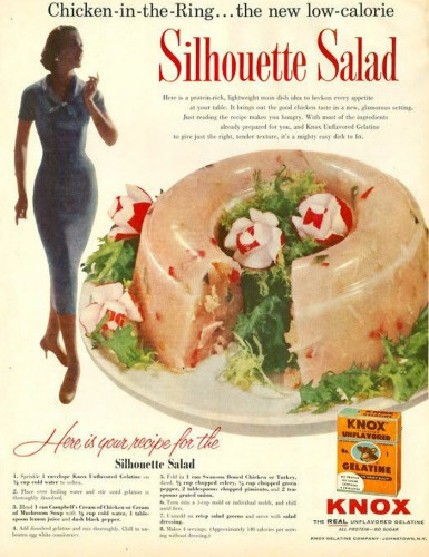 Vintage ad for Knox gelatin. It features a recipe for something called Silhouette Salad, made with canned soup and gelatin. It looks like a wobbly ring of beige with processed chunks of meat and vegetables inside.