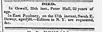 Death notice for Peter hall showing death year is 1838 not 1835 as all trees had it.