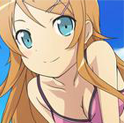 An anime girl showing some cleavage against a blue sky