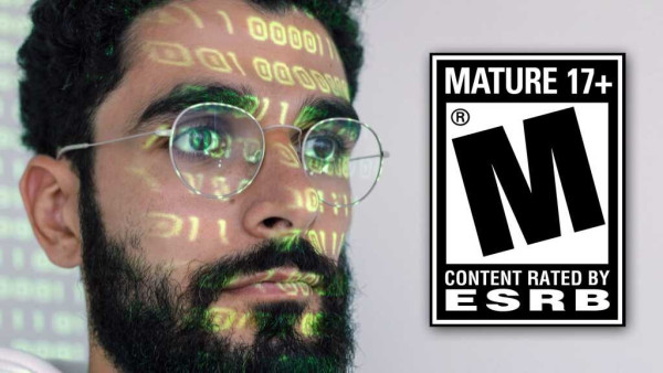 A picture of a bearded man wearing glasses with zeroes and ones projected onto his face with the mature ESRB rating off to the right.