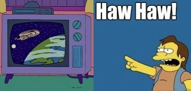 Nelson from The Simpsons pointing at The Simpsons TV set, which has USS Voyager on the screen. Nelson is giving his signature “haw, haw” laugh.