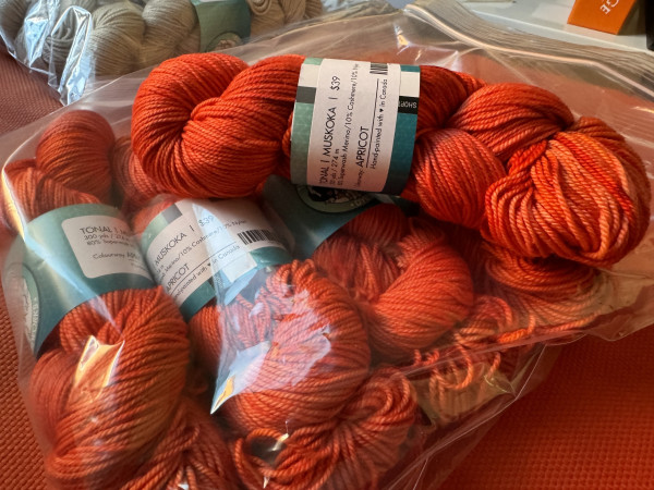 Apricot colored yarn - orange with tones - one skein on top of a pile of packaged yarn