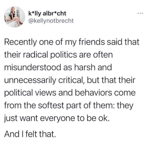 A tweet from @KellyNotBrecht:
Recently one of my friends said that their radical politics are often misunderstood as harsh and unnecessarily critical, but that their political views and behaviours come from the softest part of them: they just want everyone to be ok.

And I felt that.
