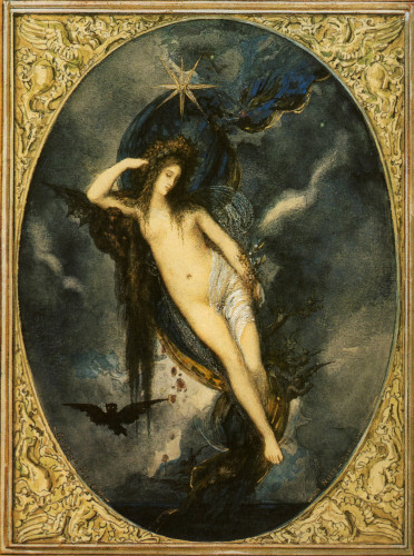 Painting of Nyx wrapped in diaphanous fabric but mostly nude and seemingly on a throne created from darkness itself. A black owl can be seen in the skyscape. The painting has an interior frame of gold.