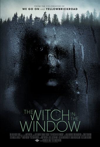 Poster for THE WITCH IN THE WINDOW: An old woman stares through a rain-streaked window.
