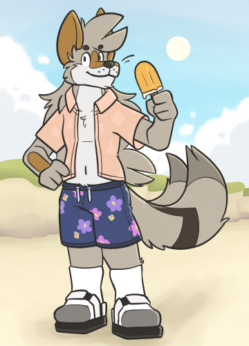 Art of Quinn standing on the beach, holding a creamsicle. He is wearing swim trunks and socks with sandals.
