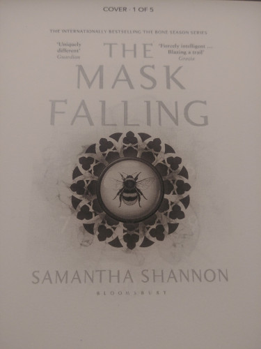Cover of The Mask Falling by Samantha Shannon, black and white on an e-reader screen
