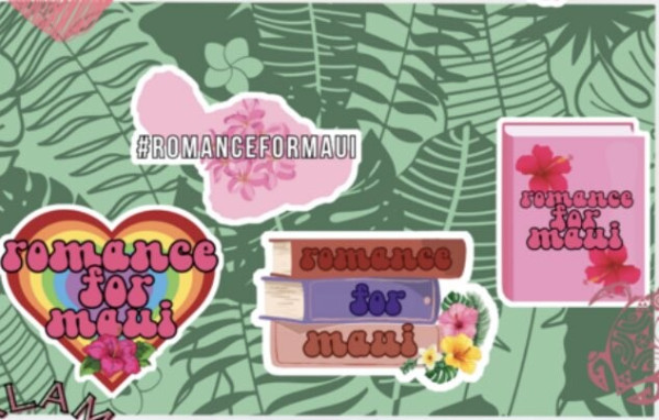 Four stickers: one if the silhouette of Maui, pink, with the hashtag in white letters across; another is a heart with rainbow colors and the text "romance for Maui" in pink balloon-like font; another is a stack of three books (maroon, purple and pink) with the words "romance for Maui" one on each over; and the last is a book with a pink cover and two red flowers, with the words "romance for Maui" in the same font in pink with black borders. The background is green with designs of palm and fern fronds.