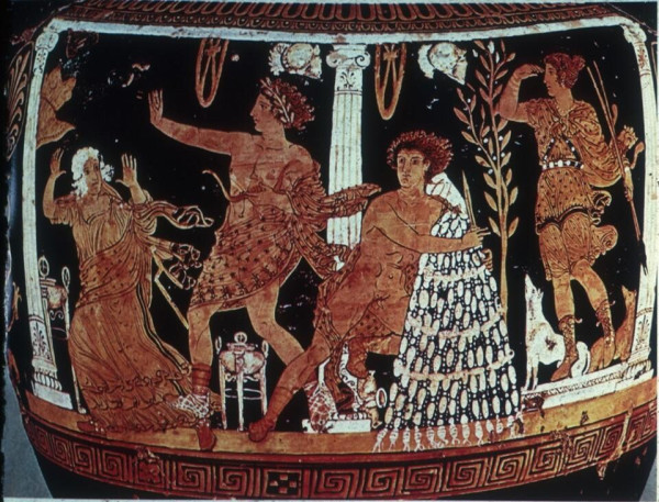 Vase painting scene of Orestes at Delphi asking for Apollon's help. On the right is Artemis with a criss-cross band across her breasts.