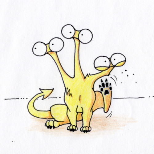 Cartoon drawing of a three-headed yellow bug-eyed creature. It's scratching one of the heads with its hindpaw, evacuating some fleas.