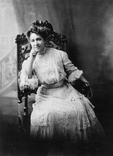 A photograph portrait of Mary Eliza Terrell, seated in a wooden high backed chair. She wears her hair up and a light colored lacy long dress. She leans on her right arm, looking contemplative.