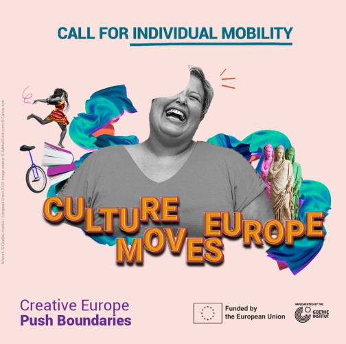 An abstract visual with a fabric of different images including books, a unicycle, a dancer, sculptures and a woman laughing stitched together on top of a light pink background. 

The title ‘CALL FOR INDIVIDUAL MOBILITY’ appears at the top of the visual. At the bottom left corner, ‘Creative Europe Push Boundaries’ and the GOETHE INSTITUT and EU emblem appear at the bottom left. 