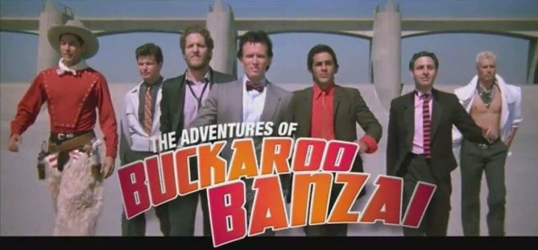 Movie Poster for The Adventure of Buckaroo Banzai.  Features the characters walking together
