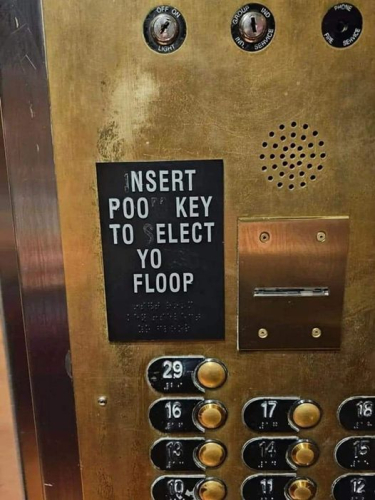 An elevator sign with letters missing or broken. It reads "Insert poo_ key to _elect yo_ floop"