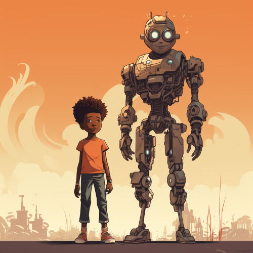 A graphic image of a young Black boy with his tall, robot guardian. An Afrofuturist illustration.