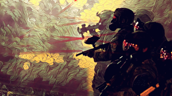 Portland Nights: Dark digital illustration from Portland Black Lives Matter protests in graphic novel-influenced style. On the right 6 police in dark battle gear stand in silhoutte wearing glass-masked helmets, gasmasks. Red interior lights shine from within their helmets. They hold various rifles and weapons, with red laser sights. In the background, swirls of yellow tear gas and piercing laser light from rifle sites.