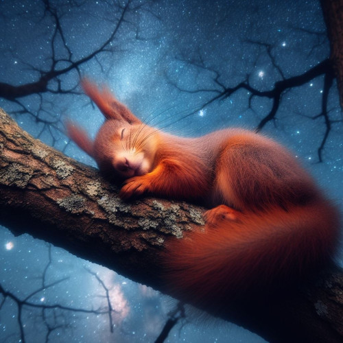 Red squirrel sleeping on a tree branch surrounded by the stars.