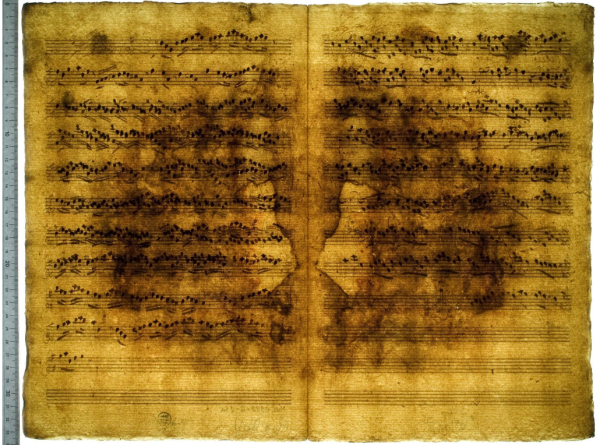 Sonatas - Mus.2392-Q-28a. https://digital.slub-dresden.de/werkansicht/dlf/15011/13 

A paper sheet of early eighteenth century Germany used from musical notation, witnessing an ink accident at the backside that makes the arrangement look like a nowadays x-ray of the lungs.