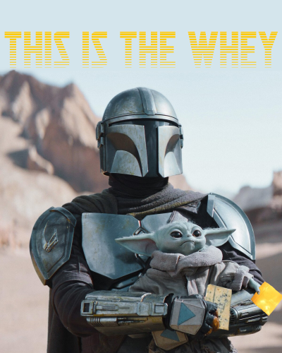 the mandalorian holds baby yoda, each holding a slice of cheese.

caption: THIS IS THE WHEY