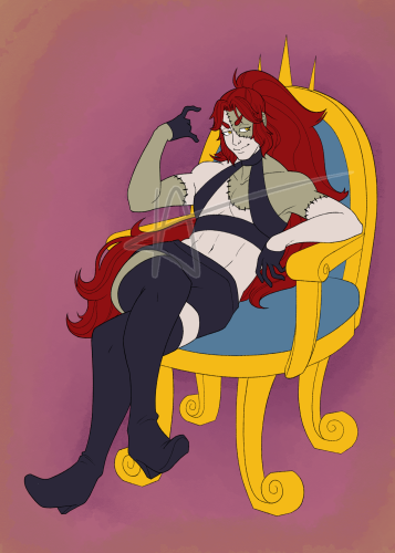 A digital illustration of a man sitting on a golden chair with a blue cushion. His skin is covered in stitches and alternating between pale white and discolored green sections. He has thigh-length, scarlet red wavy hair gathered into a ponytail, and golden-yellow eyes. He's wearing a black, revealing halter top, black short shorts, short black gloves, and black thigh-high boots.
