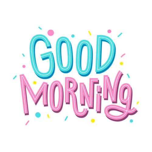An image with the words good morning on a white background. The word good is in a turquoise color while the word morning is a pink color.