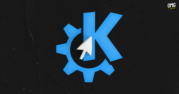 a blue kde cog logo on a black textured background. a white cardboard mouse cursor is sat on top.